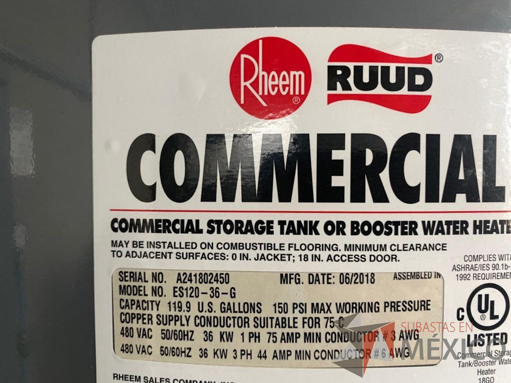 Lote 167 - Calentadores de agua, capacidad de 119.9 Galones, 150 PSI, Marca: RUUD, Modelo: ES120-36-G - Imagen 13