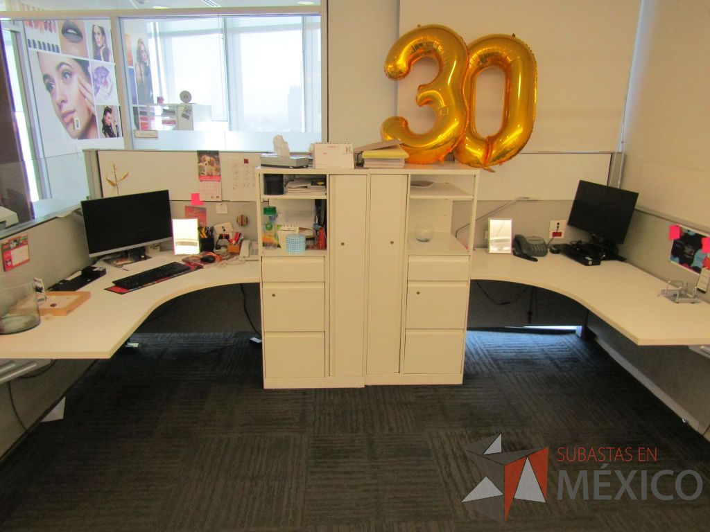 Lote 040 - Estación de trabajo para 2 personas de mampara baja con 2 gabinetes altos metálicos color blanco - Imagen 7