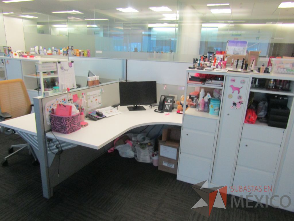 Lote 029 - Estación de trabajo para 8 personas de mampara baja con 8 gabinetes altos metálicos color blanco - Imagen 9
