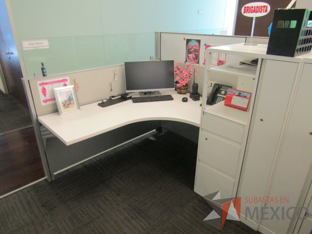 Lote 069 - Estación de trabajo para 10 personas de mampara baja con 10 gabinetes altos metálicos color blanco - Imagen 8