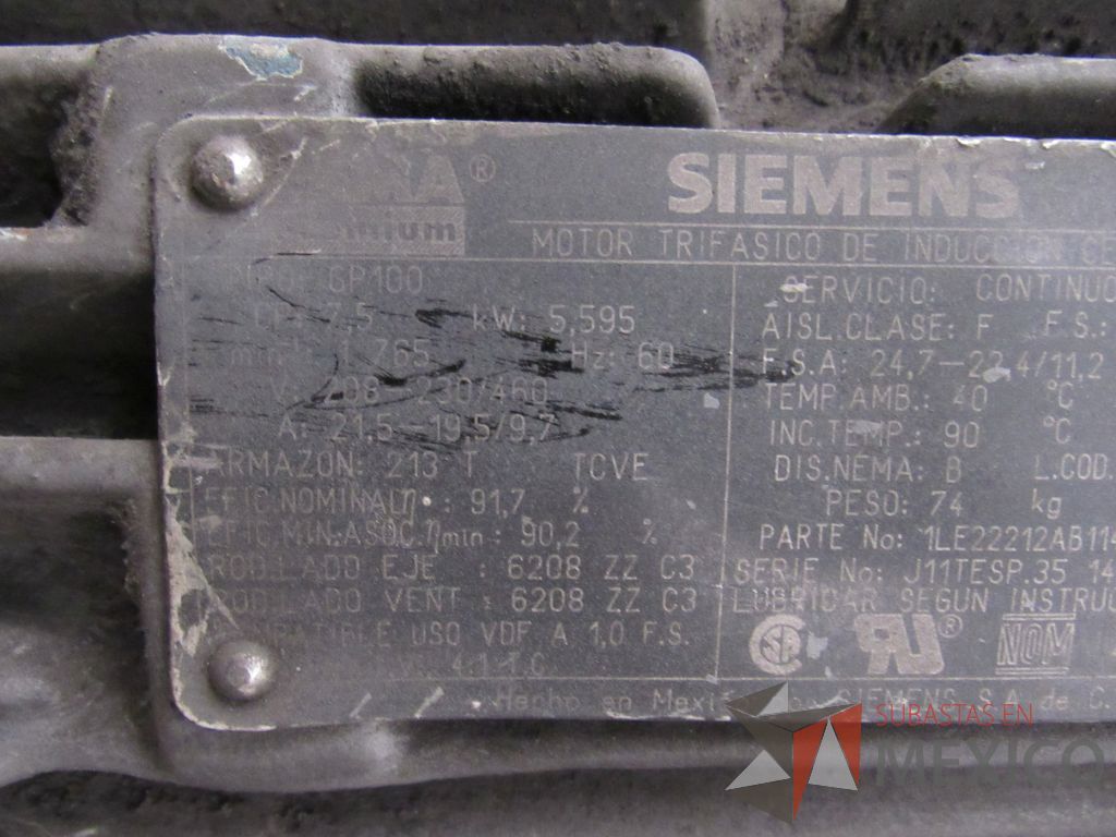 Lote 011 - Motor Trifasico de induccion cerrado CP: 7.5, FW: 5,595 Hz: 60 - Imagen 5