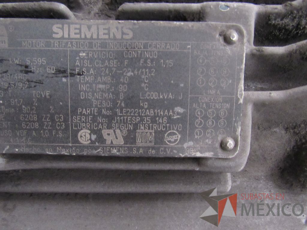 Lote 011 - Motor Trifasico de induccion cerrado CP: 7.5, FW: 5,595 Hz: 60 - Imagen 6