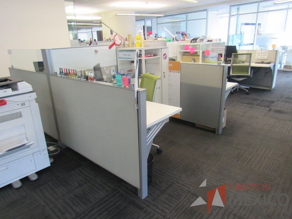 Lote 015 - Estación de trabajo para 6 personas de mampara baja con 6 gabinetes altos metálicos color blanco. - Imagen 7