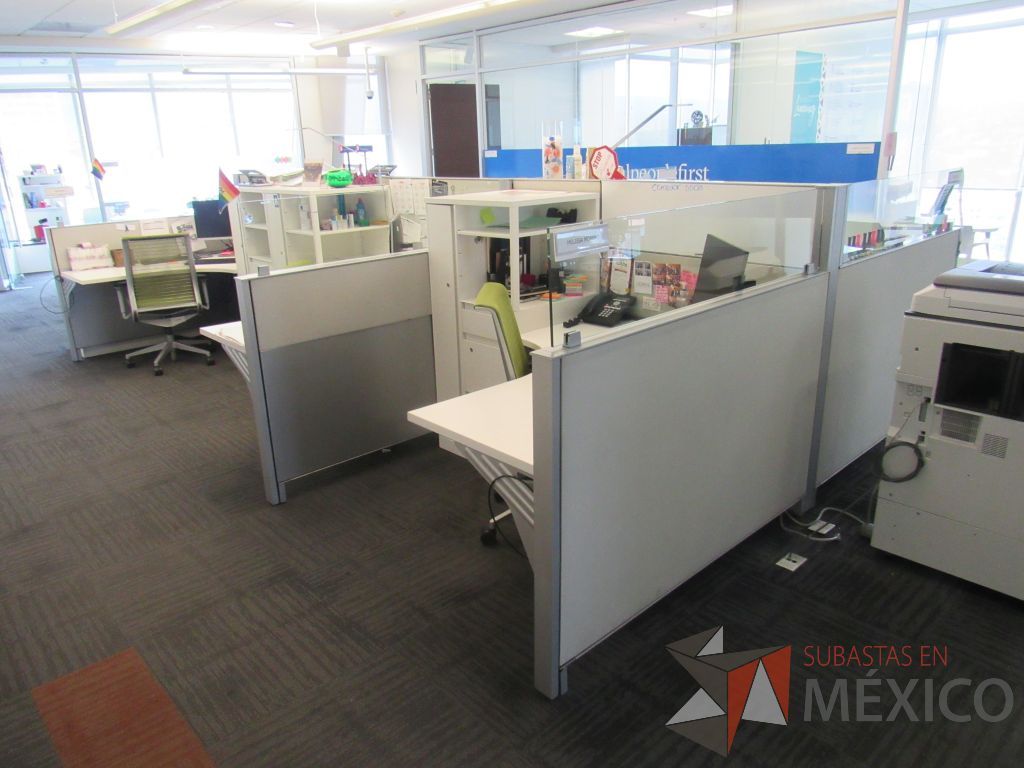 Lote 015 - Estación de trabajo para 6 personas de mampara baja con 6 gabinetes altos metálicos color blanco. - Imagen 9