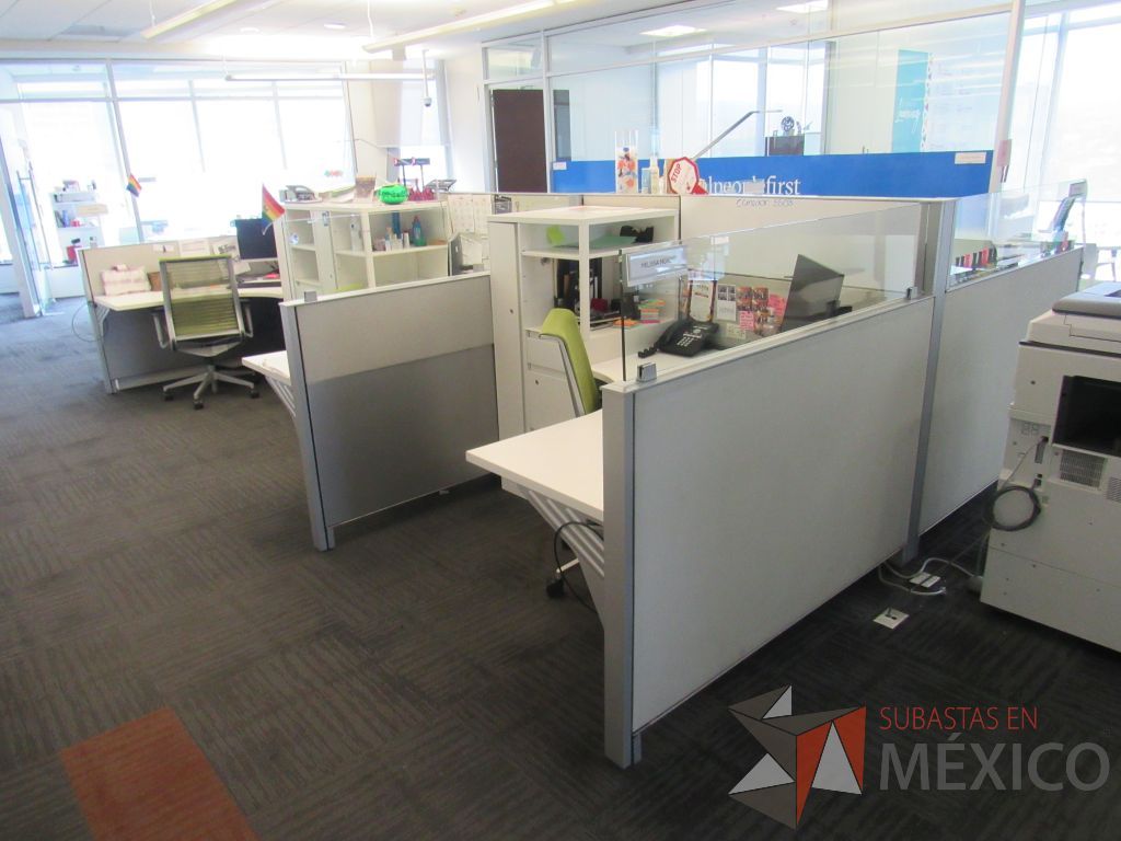 Lote 015 - Estación de trabajo para 6 personas de mampara baja con 6 gabinetes altos metálicos color blanco. - Imagen 10