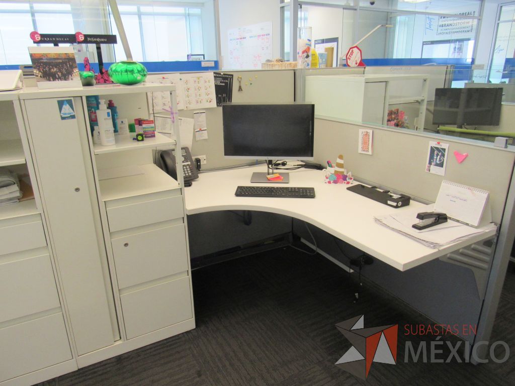 Lote 015 - Estación de trabajo para 6 personas de mampara baja con 6 gabinetes altos metálicos color blanco. - Imagen 12