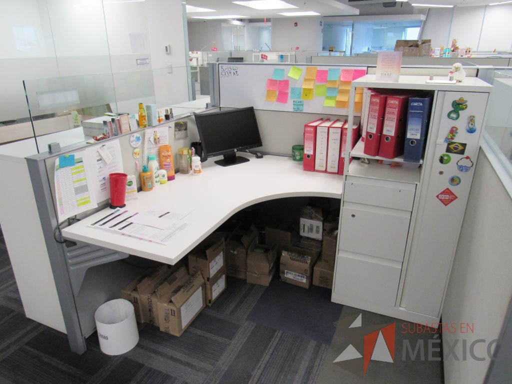 Lote 052 - Estación de trabajo para 6 personas con 6 gabinetes altos de 3 cajones, 1 puerta y 1 entrepaño color blanco. - Imagen 9