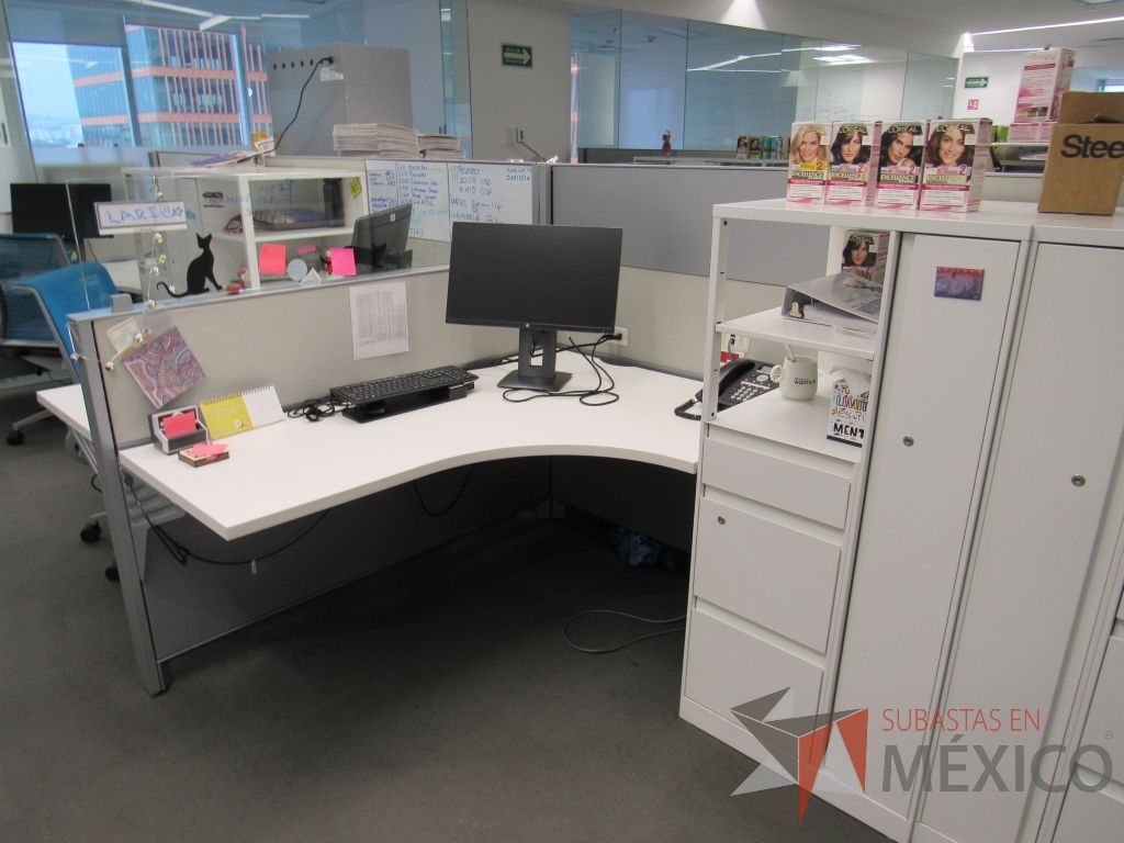 Lote 054 - Estación de trabajo para 8 personas con 8 gabinetes altos de 3 cajones, 1 puerta y 1 entrepaño color blanco. - Imagen 12