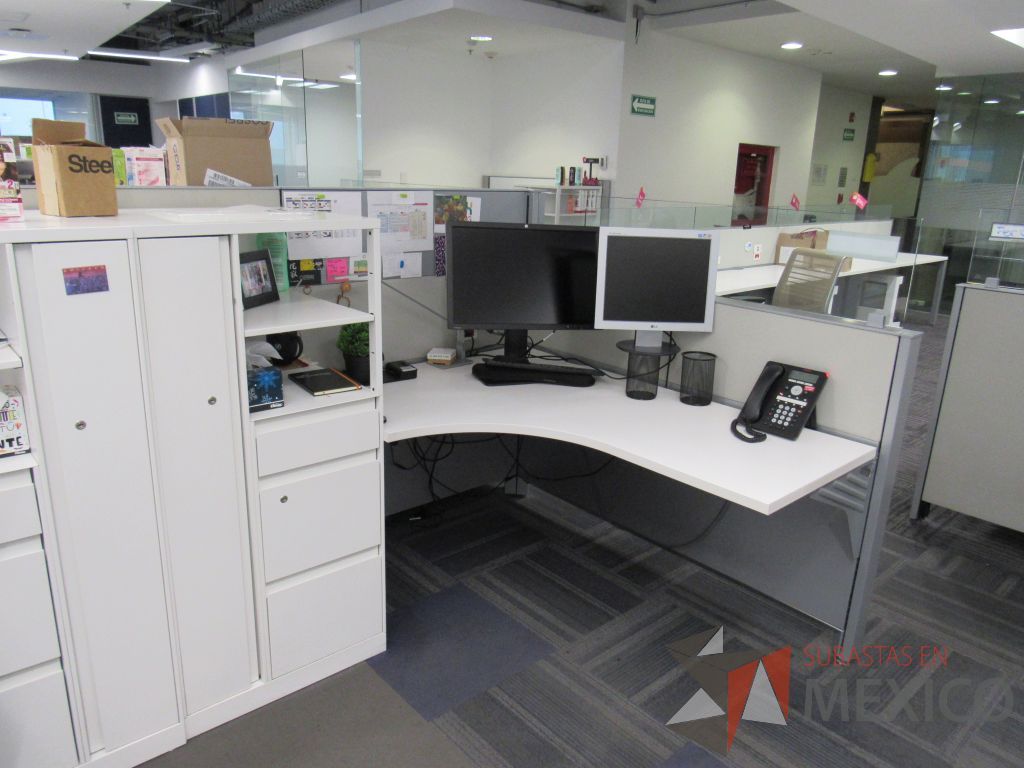 Lote 054 - Estación de trabajo para 8 personas con 8 gabinetes altos de 3 cajones, 1 puerta y 1 entrepaño color blanco. - Imagen 13