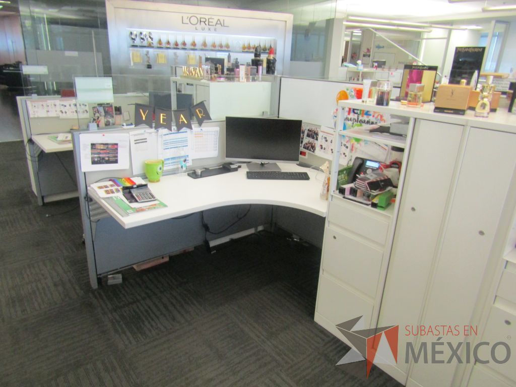 Lote 007 - Estación de trabajo para 9 personas de mampara baja con 9 gabinetes altos de 3 cajones, 1 puerta y 1 entrepaño color blanco. - Imagen 7
