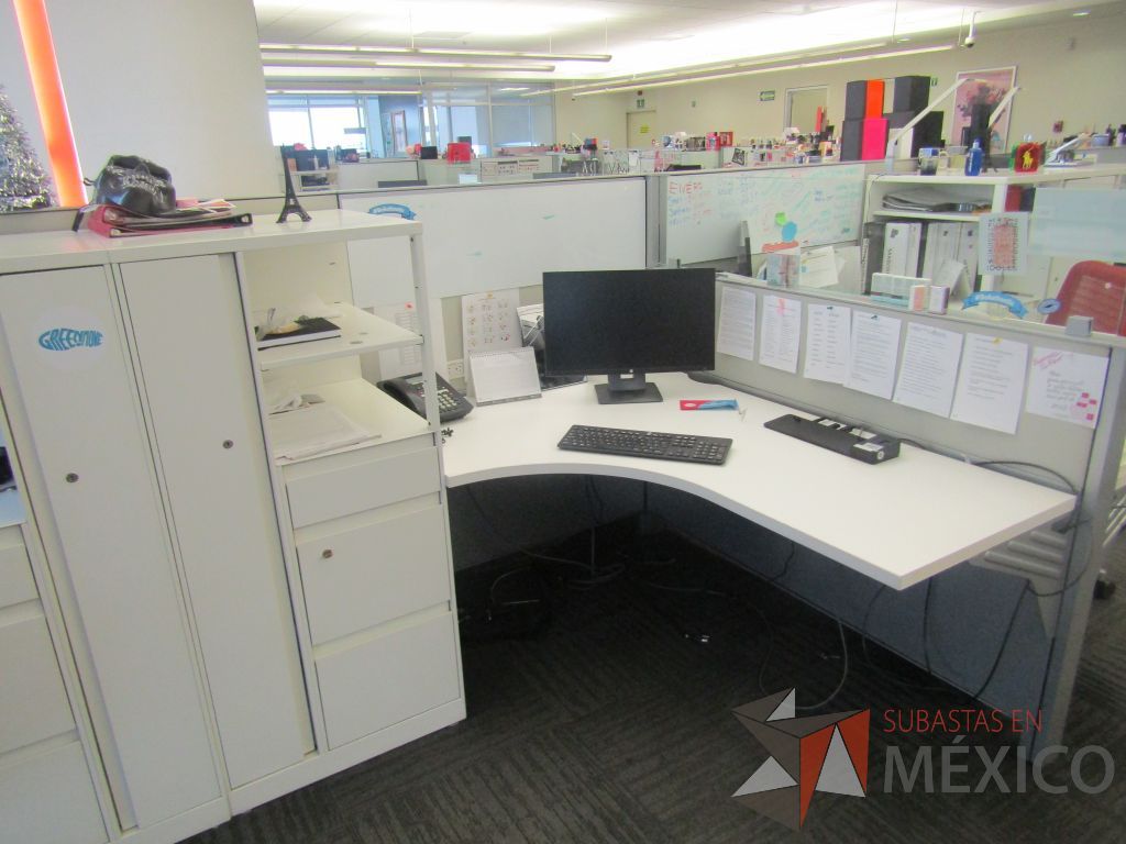 Lote 007 - Estación de trabajo para 9 personas de mampara baja con 9 gabinetes altos de 3 cajones, 1 puerta y 1 entrepaño color blanco. - Imagen 13
