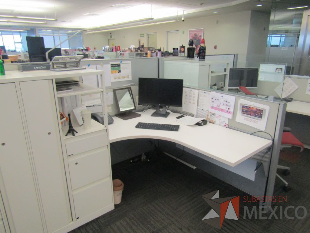 Lote 007 - Estación de trabajo para 9 personas de mampara baja con 9 gabinetes altos de 3 cajones, 1 puerta y 1 entrepaño color blanco. - Imagen 15