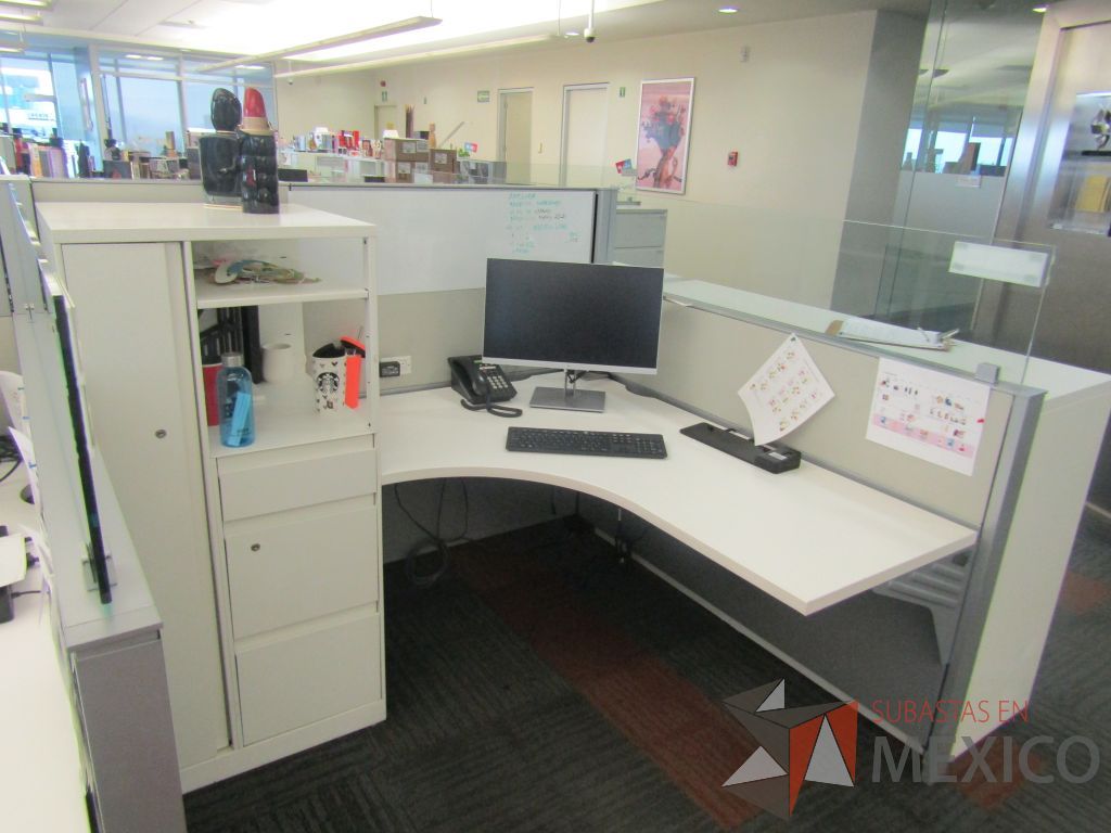 Lote 007 - Estación de trabajo para 9 personas de mampara baja con 9 gabinetes altos de 3 cajones, 1 puerta y 1 entrepaño color blanco. - Imagen 16