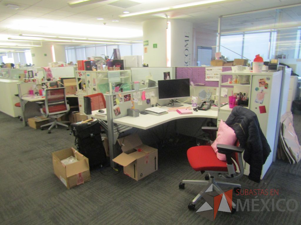 Lote 073 - Estación de trabajo para 6 personas con 6 gabinetes altos de 3 cajones, 1 puerta y 1 entrepaño color blanco, 1 credenza de 1 cajón,1 espacio para documentos y cojín de tela color rojo. - Imagen 3
