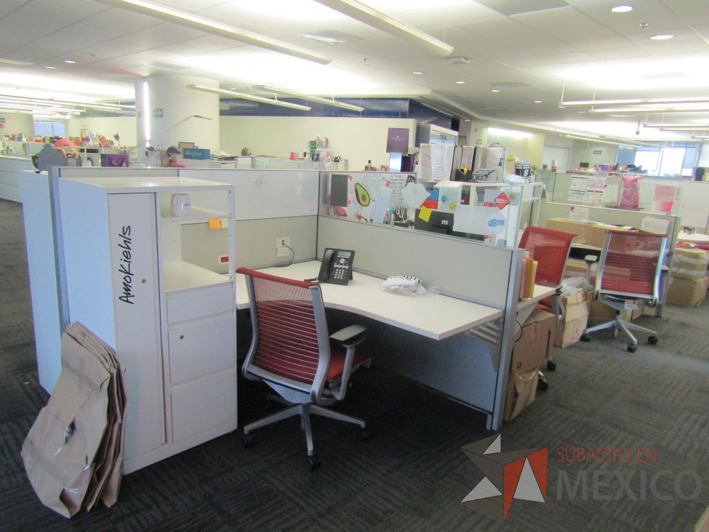 Lote 073 - Estación de trabajo para 6 personas con 6 gabinetes altos de 3 cajones, 1 puerta y 1 entrepaño color blanco, 1 credenza de 1 cajón,1 espacio para documentos y cojín de tela color rojo. - Imagen 5