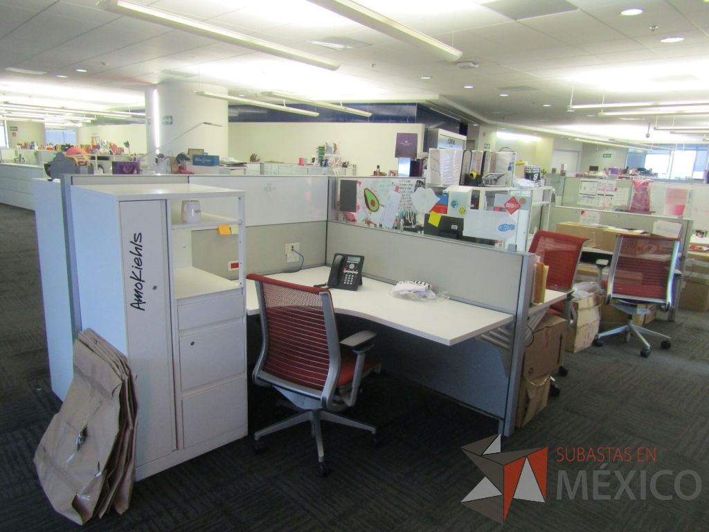 Lote 073 - Estación de trabajo para 6 personas con 6 gabinetes altos de 3 cajones, 1 puerta y 1 entrepaño color blanco, 1 credenza de 1 cajón,1 espacio para documentos y cojín de tela color rojo. - Imagen 6