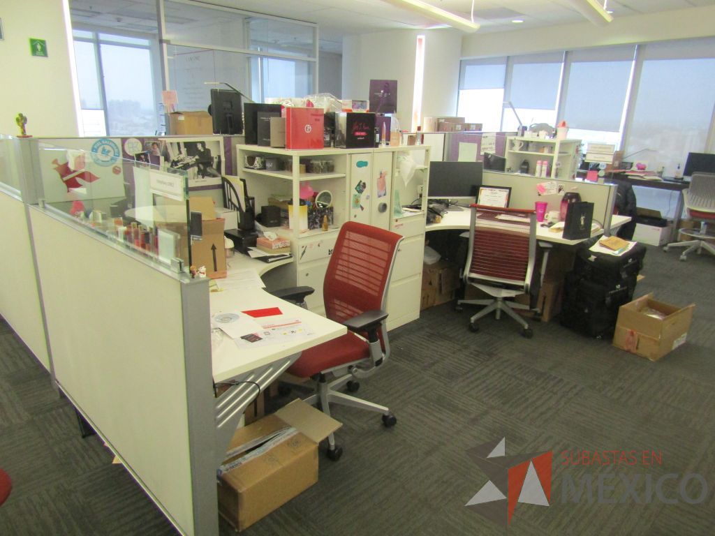 Lote 073 - Estación de trabajo para 6 personas con 6 gabinetes altos de 3 cajones, 1 puerta y 1 entrepaño color blanco, 1 credenza de 1 cajón,1 espacio para documentos y cojín de tela color rojo. - Imagen 8