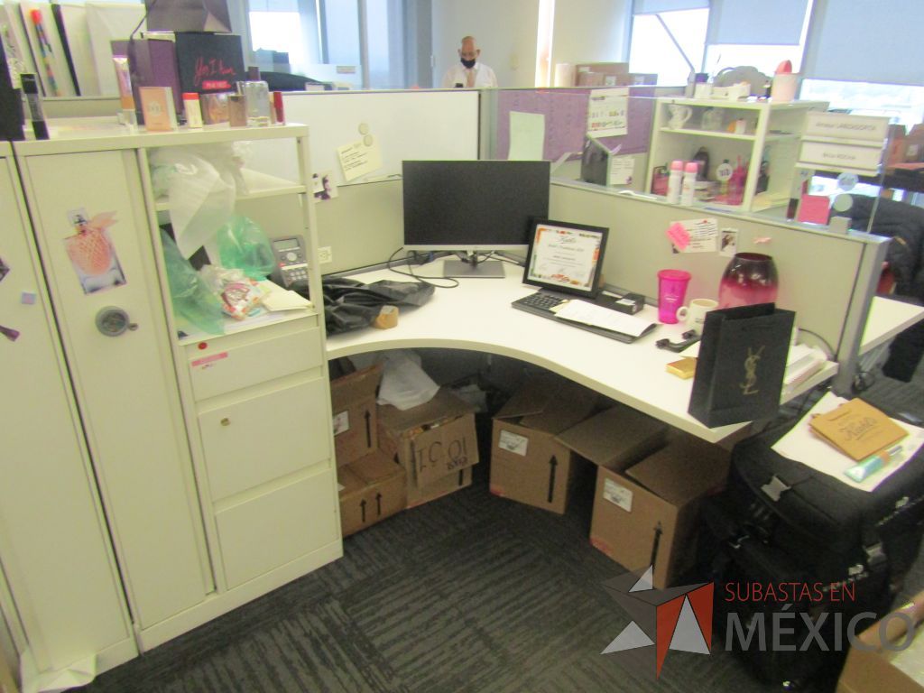 Lote 073 - Estación de trabajo para 6 personas con 6 gabinetes altos de 3 cajones, 1 puerta y 1 entrepaño color blanco, 1 credenza de 1 cajón,1 espacio para documentos y cojín de tela color rojo. - Imagen 10