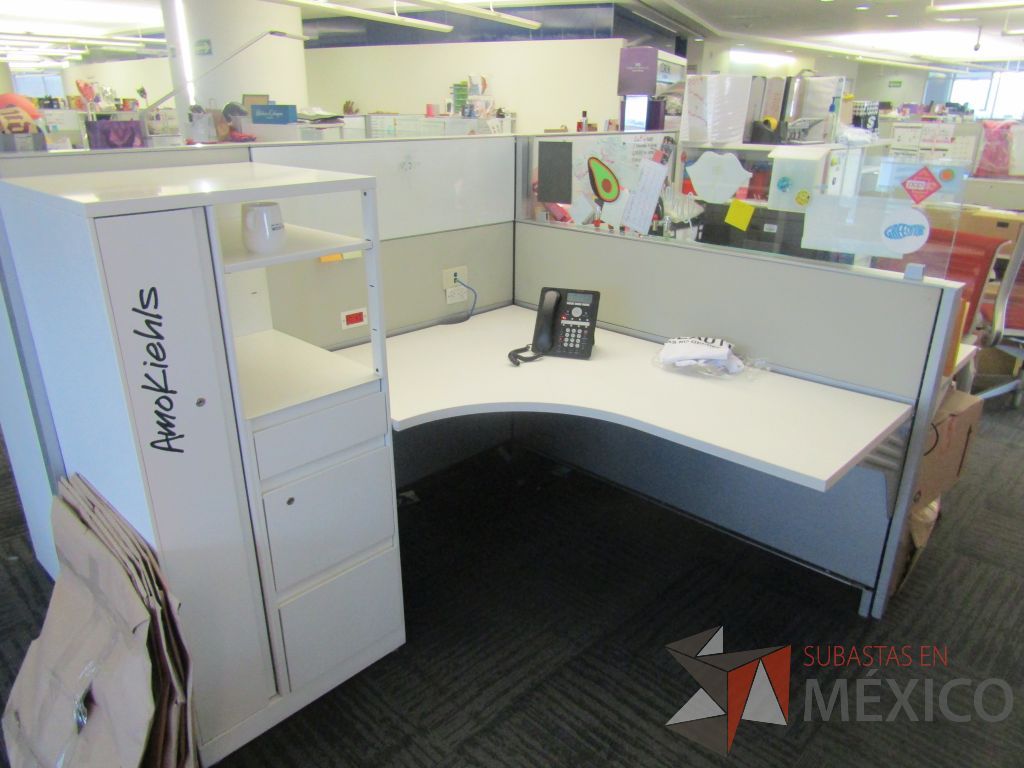 Lote 073 - Estación de trabajo para 6 personas con 6 gabinetes altos de 3 cajones, 1 puerta y 1 entrepaño color blanco, 1 credenza de 1 cajón,1 espacio para documentos y cojín de tela color rojo. - Imagen 12