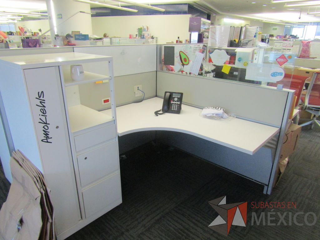 Lote 073 - Estación de trabajo para 6 personas con 6 gabinetes altos de 3 cajones, 1 puerta y 1 entrepaño color blanco, 1 credenza de 1 cajón,1 espacio para documentos y cojín de tela color rojo. - Imagen 13