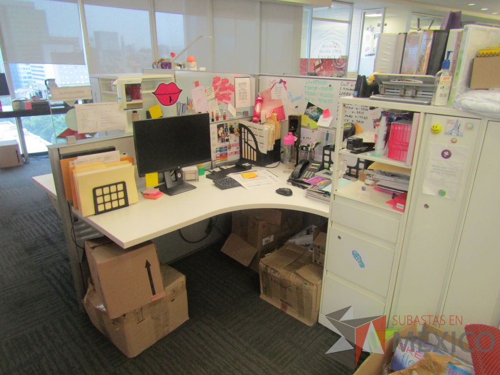 Lote 073 - Estación de trabajo para 6 personas con 6 gabinetes altos de 3 cajones, 1 puerta y 1 entrepaño color blanco, 1 credenza de 1 cajón,1 espacio para documentos y cojín de tela color rojo. - Imagen 14