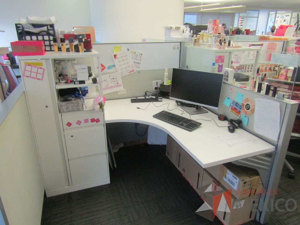 Lote 074 - Estación de trabajo para 6 personas con 6 gabinetes altos de 3 cajones, 1 puerta y 1 entrepaño color blanco. - Imagen 6