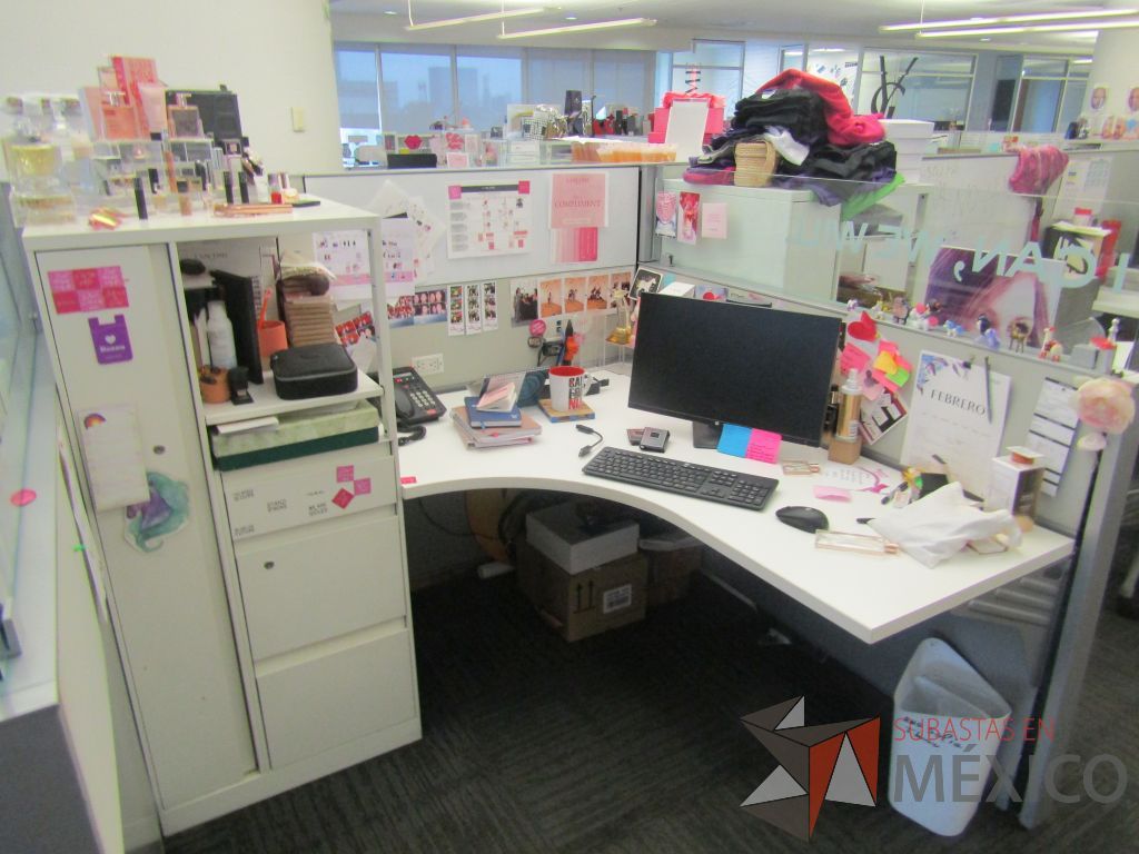Lote 074 - Estación de trabajo para 6 personas con 6 gabinetes altos de 3 cajones, 1 puerta y 1 entrepaño color blanco. - Imagen 7