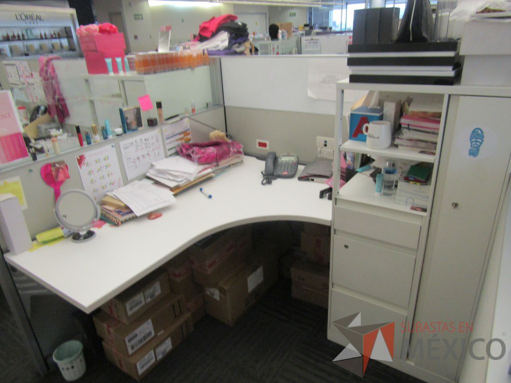 Lote 074 - Estación de trabajo para 6 personas con 6 gabinetes altos de 3 cajones, 1 puerta y 1 entrepaño color blanco. - Imagen 12