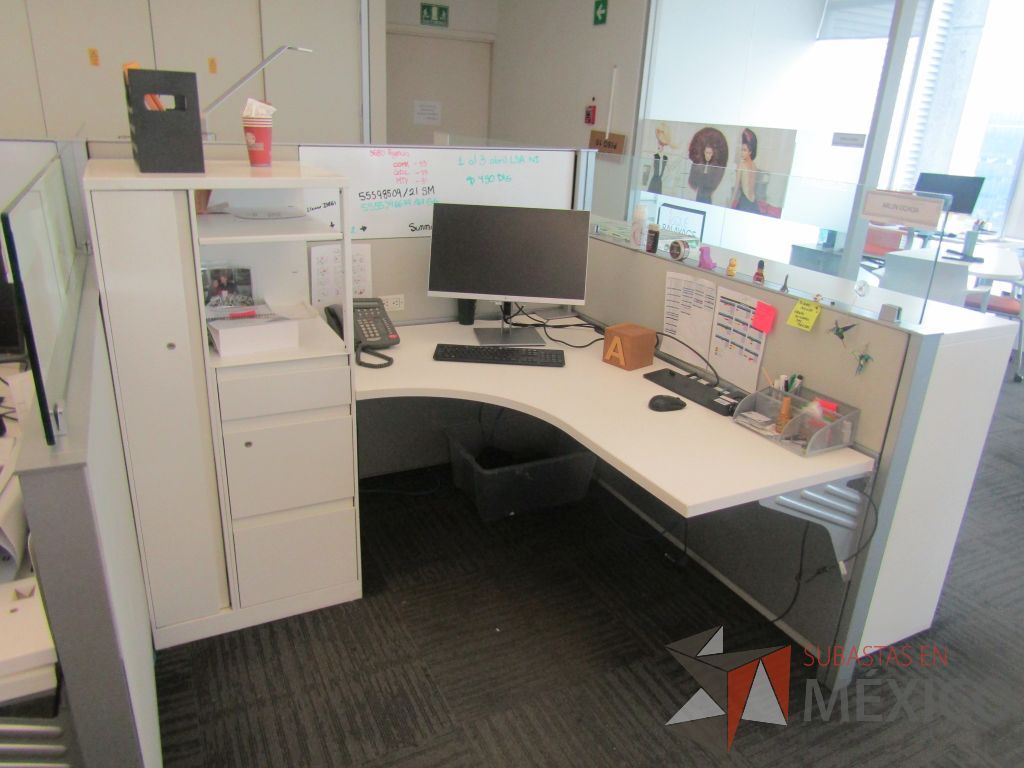 Lote 084 - Estación de trabajo para 9 personas con 9 gabinetes altos de 3 cajones, 1 puerta y 1 entrepaño color blanco, 1 credenza de 1 cajón,1 espacio para documentos y cojín de tela color rojo. - Imagen 8