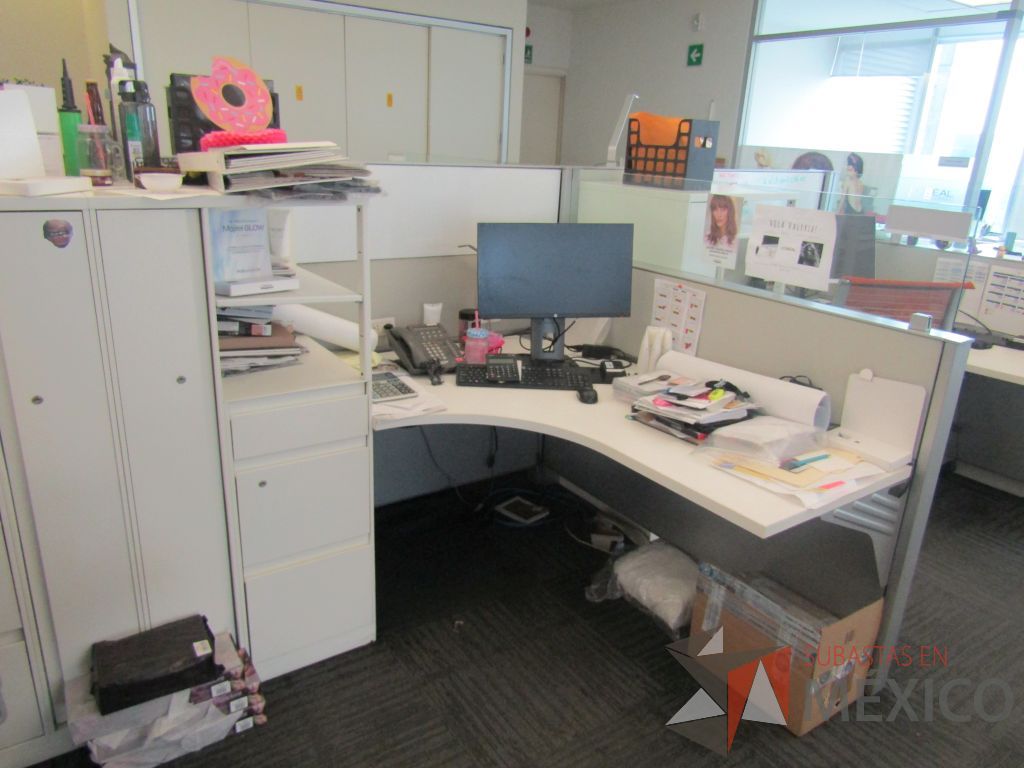 Lote 084 - Estación de trabajo para 9 personas con 9 gabinetes altos de 3 cajones, 1 puerta y 1 entrepaño color blanco, 1 credenza de 1 cajón,1 espacio para documentos y cojín de tela color rojo. - Imagen 9
