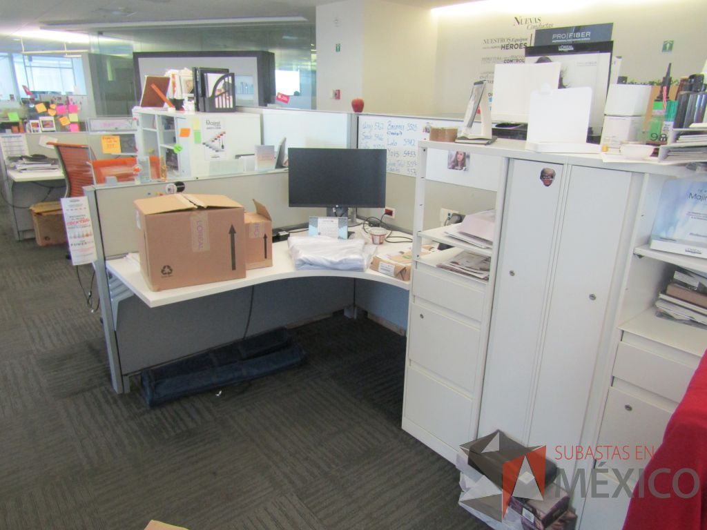 Lote 084 - Estación de trabajo para 9 personas con 9 gabinetes altos de 3 cajones, 1 puerta y 1 entrepaño color blanco, 1 credenza de 1 cajón,1 espacio para documentos y cojín de tela color rojo. - Imagen 10