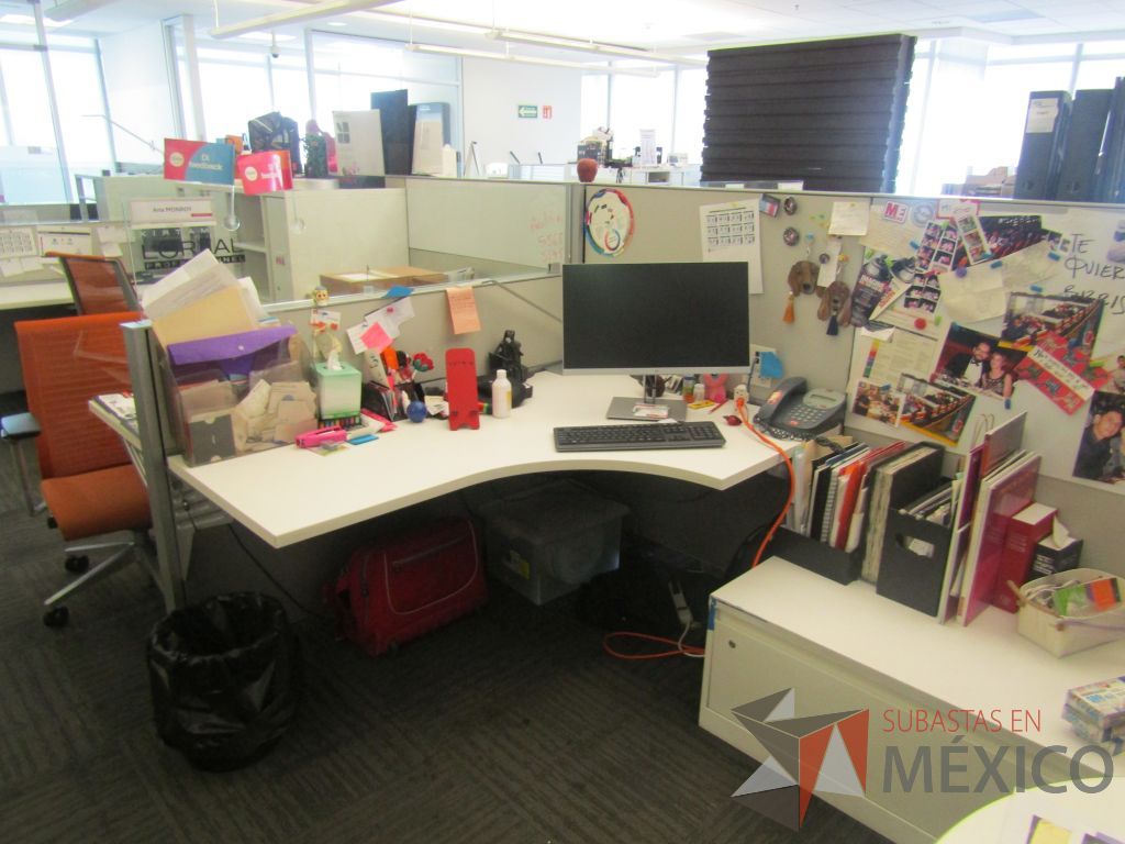 Lote 084 - Estación de trabajo para 9 personas con 9 gabinetes altos de 3 cajones, 1 puerta y 1 entrepaño color blanco, 1 credenza de 1 cajón,1 espacio para documentos y cojín de tela color rojo. - Imagen 15