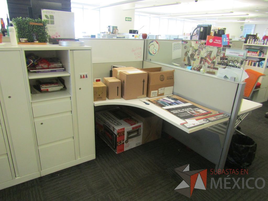 Lote 084 - Estación de trabajo para 9 personas con 9 gabinetes altos de 3 cajones, 1 puerta y 1 entrepaño color blanco, 1 credenza de 1 cajón,1 espacio para documentos y cojín de tela color rojo. - Imagen 16