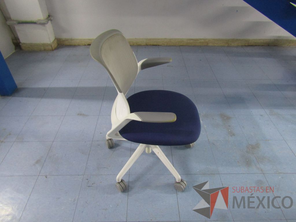 Lote 083 - 5 Sillas ejecutivas con ruedas, respaldo en malla y asiento en tela color azul - Imagen 4