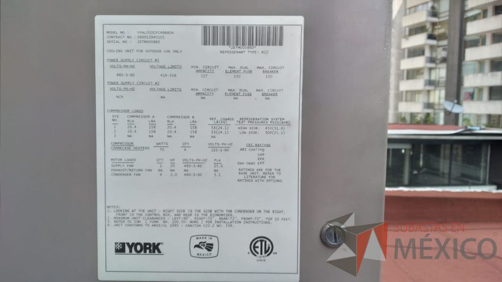 Lote 001 - Aire acondicionado YORK, Modelo: YPAL050CFC46BBDX, 50 TR, con 4 ventiladores. - Imagen 92