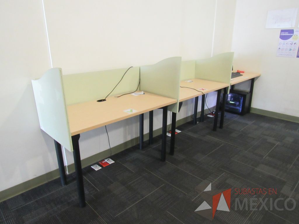 Lote 002 - Estación de trabajo para 3 personas con cubierta color madera y mampara divisoria color verde
