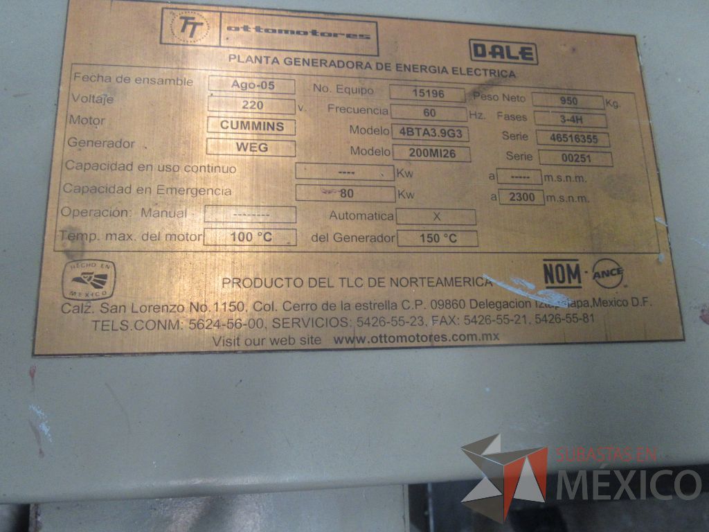 Lote 028 - Planta de emergencia, 80 Kw, Marca: OTTOMOTORES, Modelo: 200MI26 - Imagen 10
