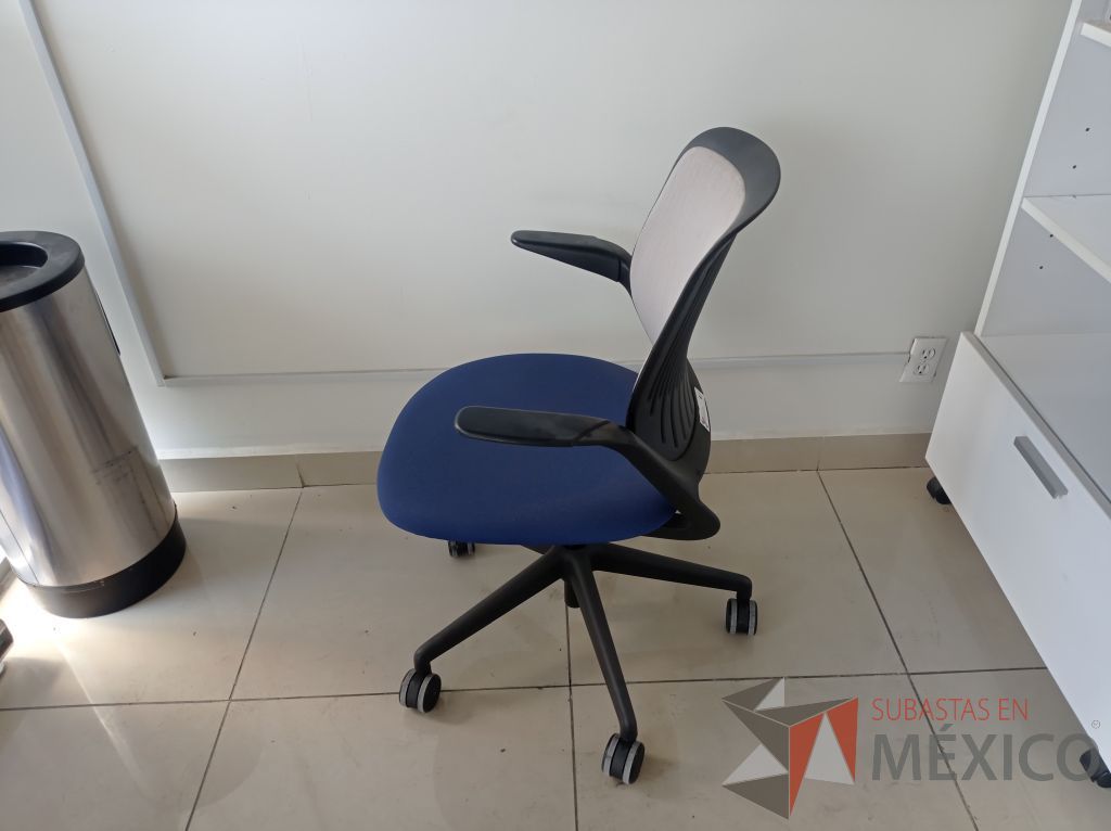 Lote 004 - Silla ejecutiva asiento de tela color azul respaldo en malla color negro con descansabrazos y ruedas - Imagen 8