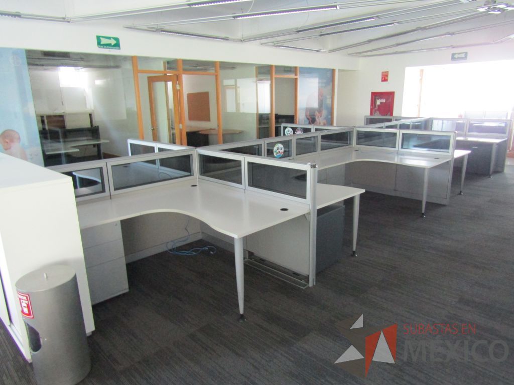 Lote 040 - Estación de trabajo para 10 personas, mampara baja con vidrio, con 10 archiveros de pedestal de 3 cajones - Steelcase