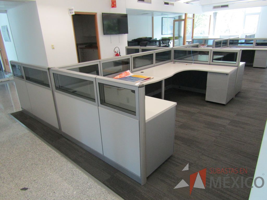 Lote 059 - Estación de trabajo para 6 personas, mampara baja con vidrio, con 6 archiveros de pedestal de 3 cajones - Steelcase