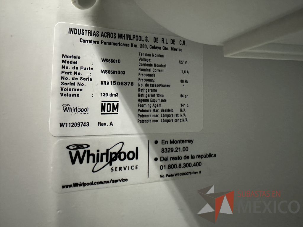 Lote 028 - Frigobar con dispensador de agua WHIRLPOOL, Modelo: WS6601D - Imagen 7