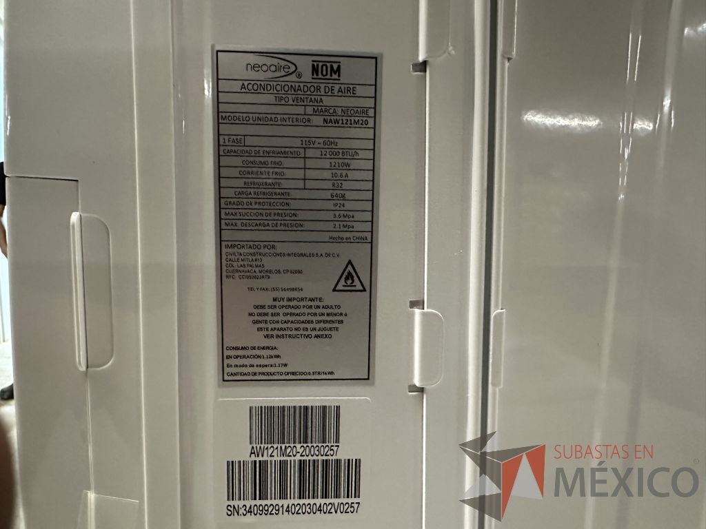 Lote 001 - Aire Acondicionado tipo Ventana NEOAIRE, Modelo: NAW121M20, 12000 BTU, 115v - Imagen 12