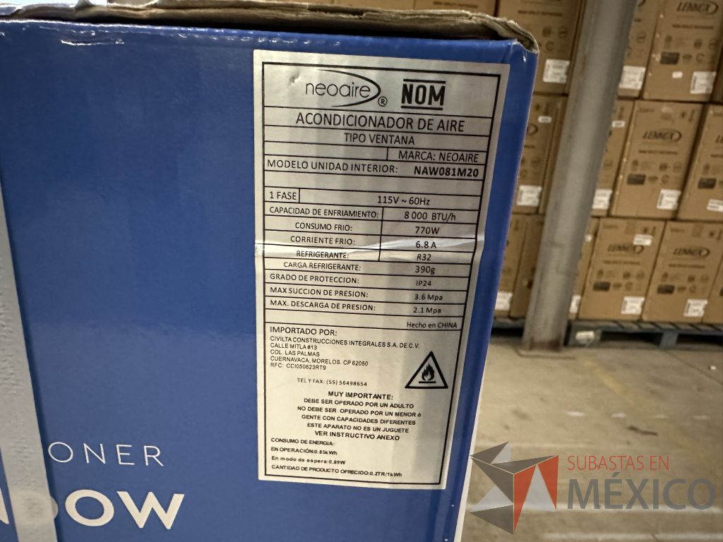 Lote 003 - Aire Acondicionado tipo Ventana NEOAIRE, Modelo: NAW081M20, 8000 BTU, 115v - Imagen 3