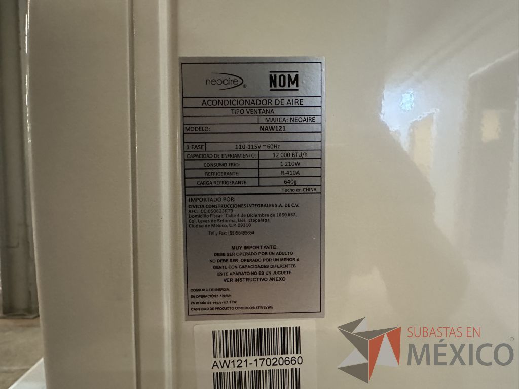 Lote 004 - Equipo de Aire Acondicionado tipo ventana Neoaire NAW121, 1 Ton, Frío, 110 Volts - Imagen 2