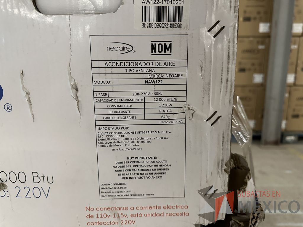 Lote 007 - Equipo de Aire Acondicionado tipo ventana Neoaire NAW122, 1 Ton, Frío, 220 Volts - Imagen 19