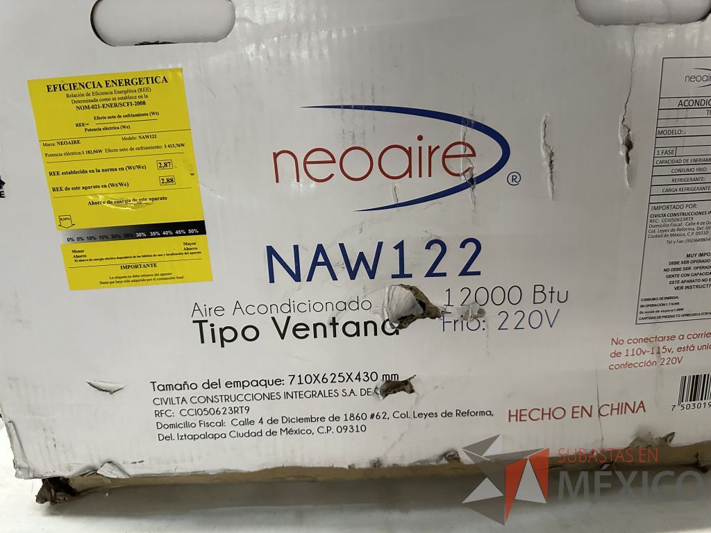 Lote 007 - Aire Acondicionado tipo Ventana NEOAIRE, Modelo: NAW122, 12000 BTU, 220v - Imagen 4