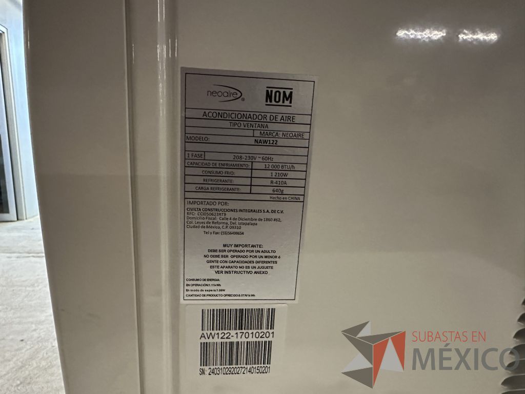 Lote 007 - Aire Acondicionado tipo Ventana NEOAIRE, Modelo: NAW122, 12000 BTU, 220v - Imagen 18