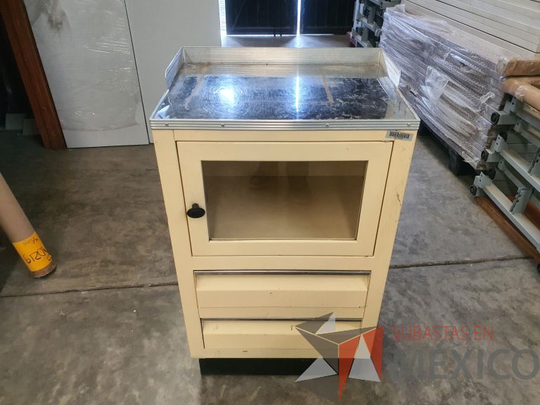 Lote 028 - Gabinete metálico con 1 puerta de vidrio y 2 cajones